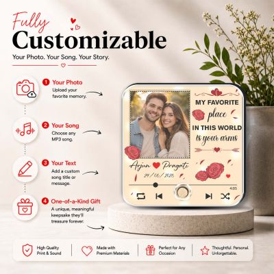 Personalized My Favorite Place is Your Arms Quote Printed Musical Fridge Magnet Anniversary & Birthday Gifts for Boyfriend Girlfriend Husband Wife | Music Player Style Keepsake Frame